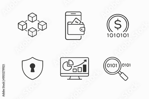 Blockchain Technology, Digital Wallet, Cybersecurity, Financial Data Analysis, and Cryptocurrency Icons for Business and Technology Concepts