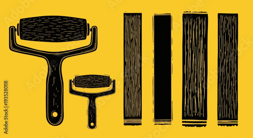 Painting tools and wooden planks arranged neatly on a vibrant studio workspace viewed from directly above