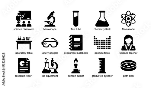 Science classroom icons: equipment, symbols, and laboratory essentials