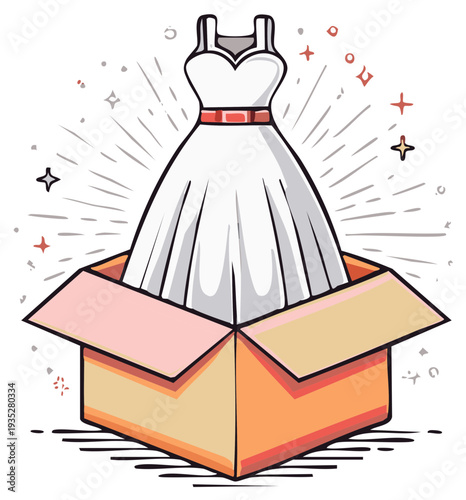 Wedding dress emerging from a box illustration