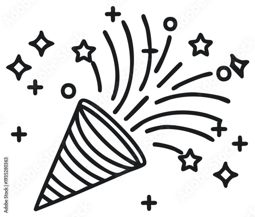 Party popper explosion with festive confetti and stars celebration line art illustration