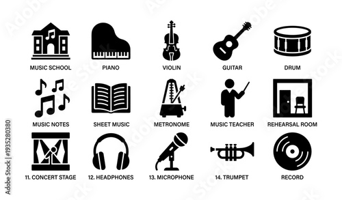 Musical instruments and education icons: guitar, piano, violin, drum, headphones, sheet music