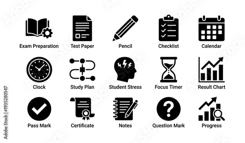 Exam preparation icons: checklist, calendar, progress, stress, focus