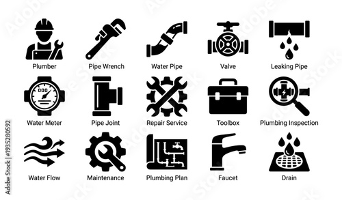 Plumbing icons set featuring tools, pipes, valves, repair, and maintenance symbols