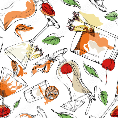 Tropical drink mix of cocktails, shots and lemonades, milkshakes. Cream, red orange seamless tile with citrus slices. Vector hand drawn pattern for tiki bar stationery, backgrounds and summer crafts.