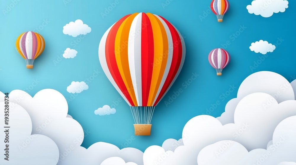 Obraz premium Colorful hot air balloons float above fluffy clouds against a bright blue sky background