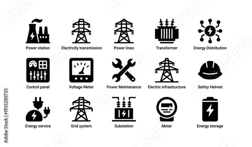 Power infrastructure icons: electricity, distribution, maintenance, energy, transmission