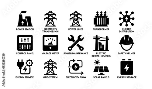 Wallpaper Mural Energy infrastructure icons: power station, transmission, distribution, solar panels, safety helmet Torontodigital.ca