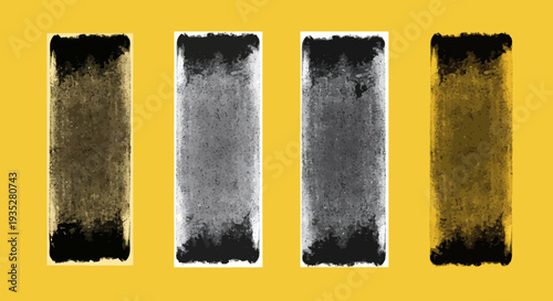 Four vertical rectangular banners with distressed edges and varied grayscale textures on vibrant yellow background viewed straight on.