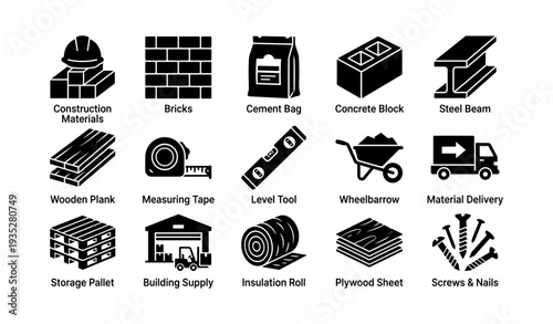 Construction materials icons: bricks, cement, concrete, steel, tools, delivery, storage