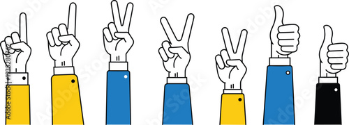Cartoon hands gestures with colored sleeves peace sign thumbs up pointing finger, symbolic artwork illustration, communication design, decorative cultural concept graphic