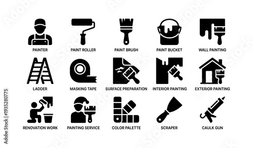 Home painting tools and equipment icons for diy and professional projects