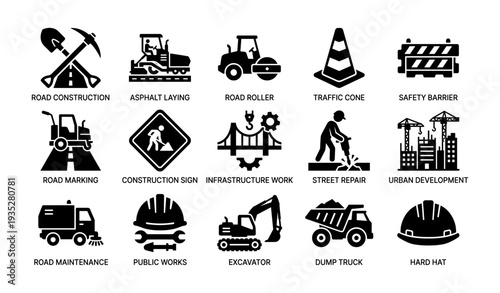 Construction icons: roadwork, machinery, safety equipment, urban development