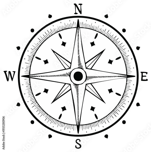 Vintage compass rose illustration with directional points N, S, E, W
