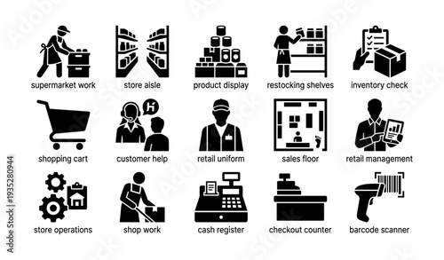 Supermarket roles: customer service, inventory, checkout, and management icons