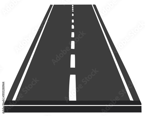 Perspective view of an asphalt highway with white lane markings leading into the distance