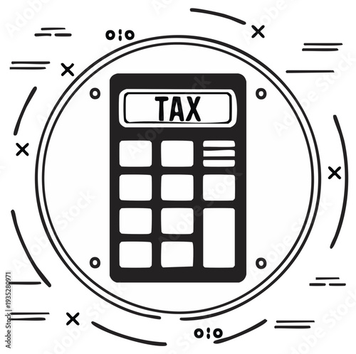 Calculator icon with the text TAX inside a circular frame