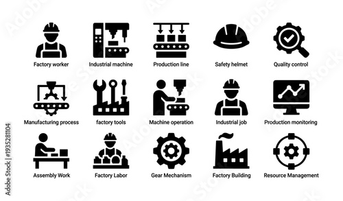 Industrial icons: factory worker, machines, production line, safety gear, quality control