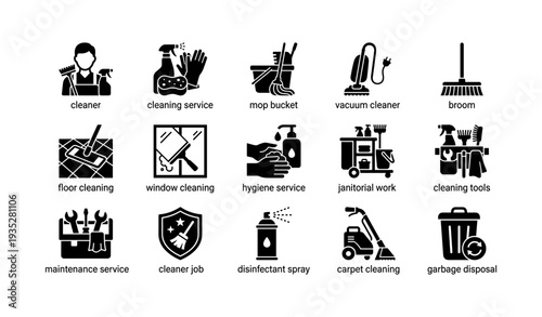 Comprehensive cleaning services icons: tools and hygiene essentials