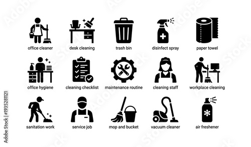 Office cleaning icons set: hygiene tools and equipment for workplace maintenance