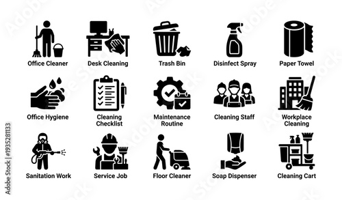 Office cleaning icons: hygiene, disinfect, maintenance, staff, equipment