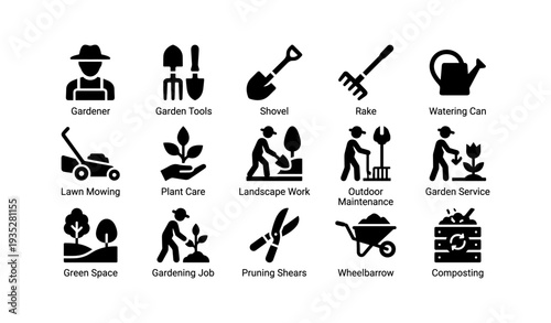 Black gardening icons: tools, workers, and activities for plant care and maintenance