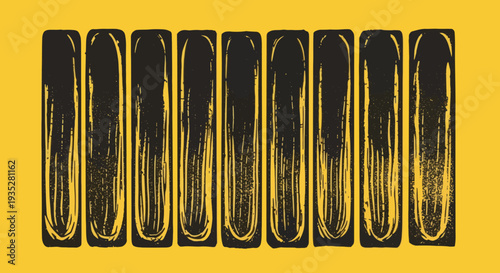 A series of eight black cylindrical shapes with yellow highlights are aligned horizontally from an isometric viewpoint on a yellow surface.