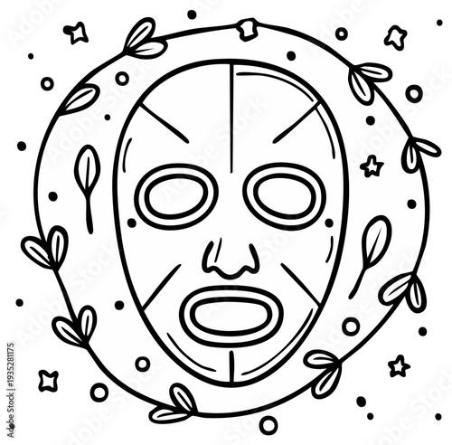 Facial sheet mask with botanical elements, doodle style illustration
