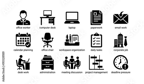 Office icons: worker, desk, laptop, paperwork, email, tasks, corporate job, management, deadline