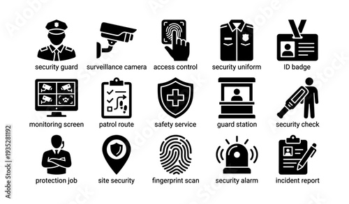 Security and surveillance icons: guard, camera, access control, uniform, id badge