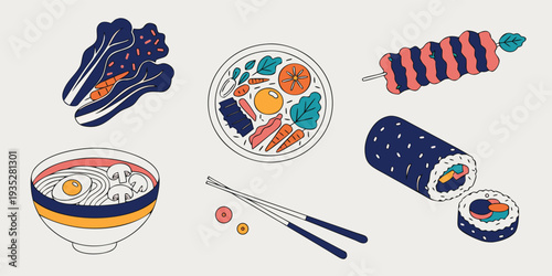 A Colorful Assortment of Asian Cuisine Elements Featuring Noodles, Sushi, and Vegetables asian food