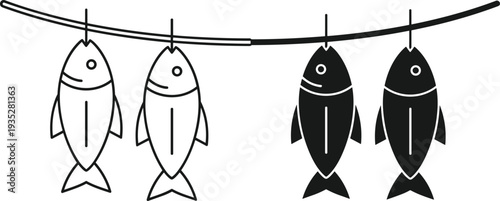 Hanging fish line icon set, black and white seafood silhouette vector illustration isolated on white background