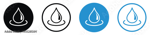 Liquid drop icon with a ripple effect. Represents water conservation, environmental purity, hydration, or chemical solutions. Minimalist black and blue circular icons.