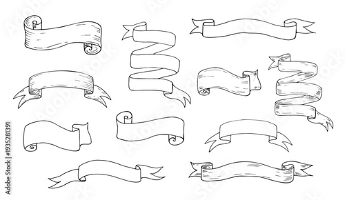 Vector scrolls paper, banners set. Hand painted linear parchment illustration. Graphic monochrome sketch isolated on background. For designers, prints, logo, icon, menu, postcards, holiday, covers