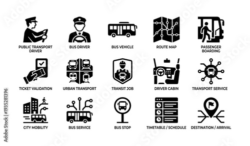 Public transport icons: bus driver, route map, ticket validation, passenger boarding