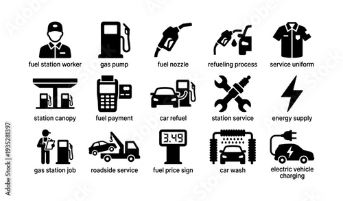 Fuel services icons: gas pump, car refuel, electric charging, roadside assistance, service uniform