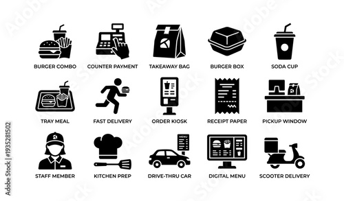 Fast food icon set: burger, payment, delivery, and drive-thru elements