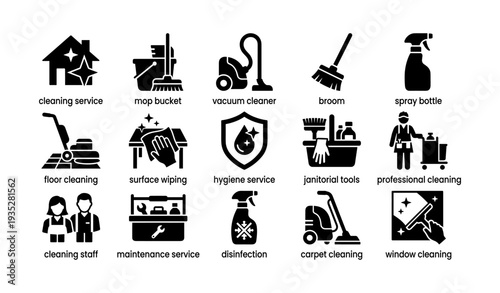 Cleaning tools and services icons: vacuum, mop, hygiene, janitorial, professional