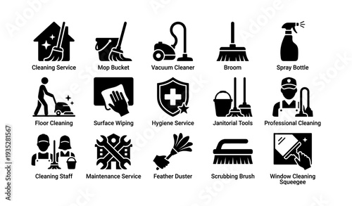Cleaning tools and services icons set: mop, vacuum, broom, hygiene, maintenance