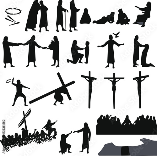 Jesus Christ crucifixion and biblical scenes silhouettes set, Christian religion faith cross prayer vector illustration collection