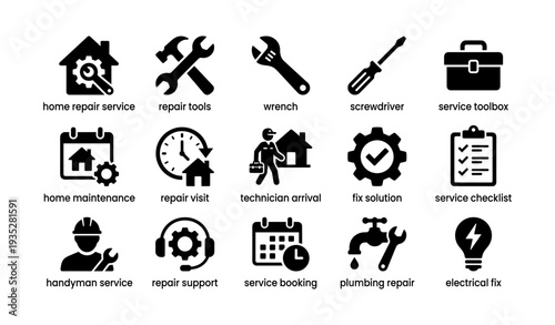 Home repair service icons: tools, maintenance, and solutions for efficient fixes