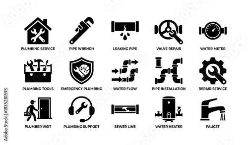 Plumbing tools and services icons set illustrating pipe repair and maintenance solutions