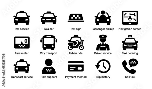 Taxi service symbols: cars, signs, drivers, and payment icons