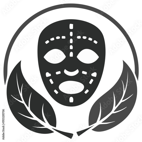 Facial treatment mask icon with leaves in circle aesthetic wellness concept