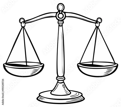 Scales of Justice Illustration, Balance Concept, Legal Weight, Measurement Tool Symbol, Black and White Drawing