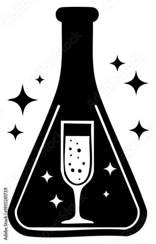 Festive Science Concept with Champagne Glass inside a Laboratory Beaker Surrounded by Sparkles