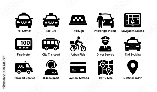 Taxi services and transport icons: navigation, ride support, city transit, payment methods