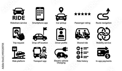 Transportation icons for ride-sharing and mobility services