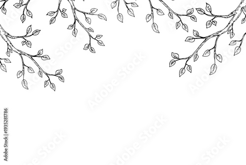 Vector Spring branch with leaves frame, template, copy space. Graphic easter hand drawn illustration isolated on background. Botanical and wedding, baby clip art. For greeting card, wallpaper