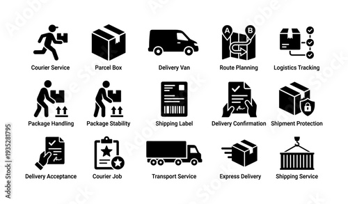 Icons depicting delivery services and logistics concepts in black and white